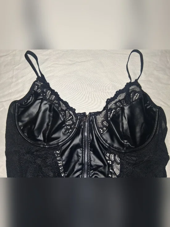 Black Lace & Satin Bodysuit with Front Zip - Picture 2 of 5